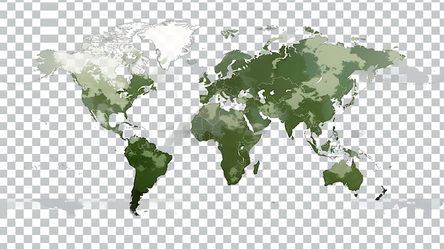 A watercolor world map with a transparent background The map is in muted shades of green and has a painterly look