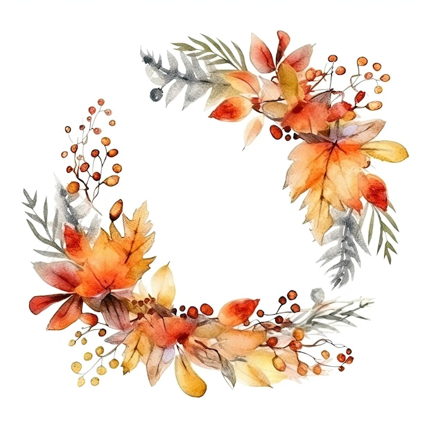 A watercolor wreath of autumn leaves and berries.