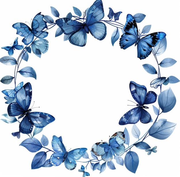 Watercolor wreath of butterflies and leaves in indigo blue