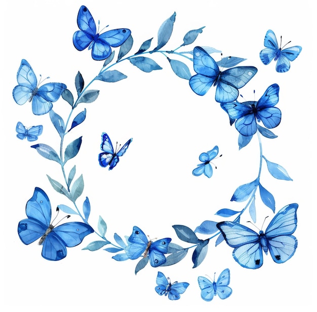 Watercolor wreath of butterflies and leaves in indigo blue