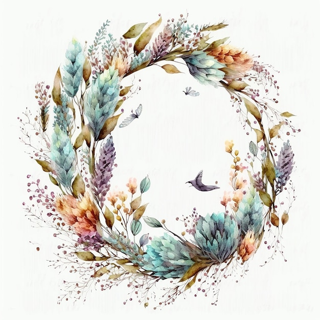 watercolor wreath dried flower on white background