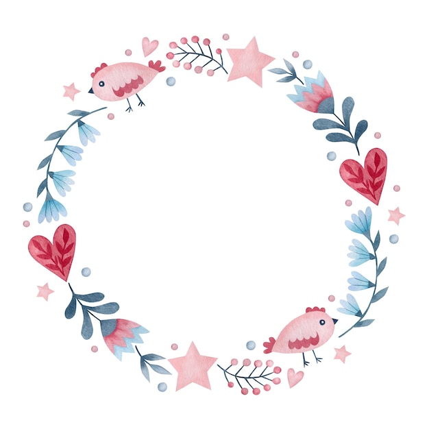 Watercolor wreath of flowers in folk art