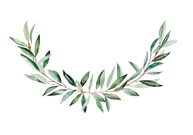 Watercolor wreath made of olive branches with green leaves illustration