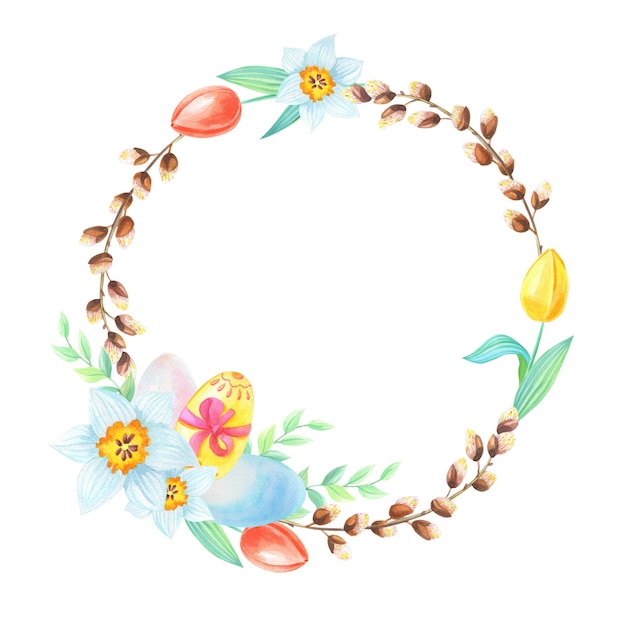 Watercolor wreath of willow,eggs,narcissus,tulips.