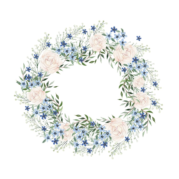 Watercolor wreath with different flowers and leaves