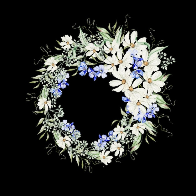 Watercolor wreath with forget me not flowers and chamomile green leaves