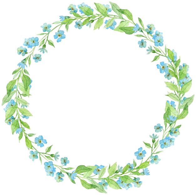 Watercolor wreath with forget-me-not flowers. Spring little blue flowers. Circle frame.