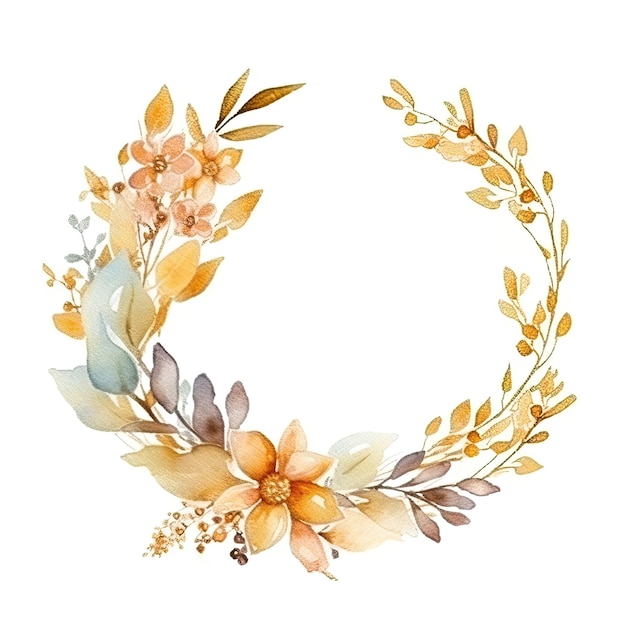 Watercolor wreath with gold flowers and leaves on a white background