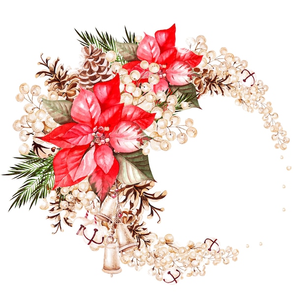 Watercolor wreath with poinsettia flower, berries