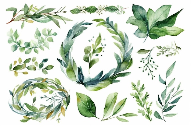 Watercolor wreaths with green leaves and branches on a white background