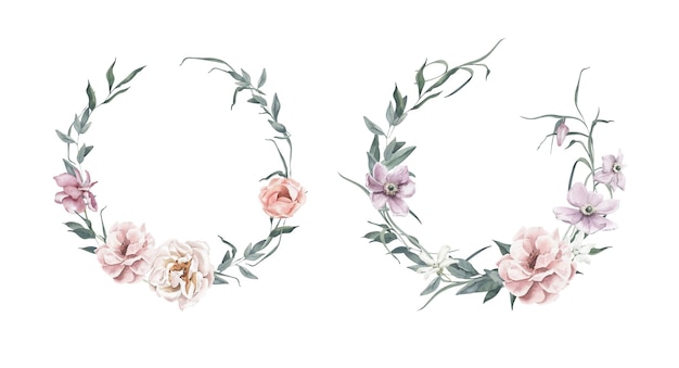 Watercolor Wreaths with Roses Poppies and Foliage