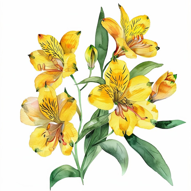 Watercolor Yellow Alstroemeria Isolated on White Background Beautiful Alstroemeria Flower