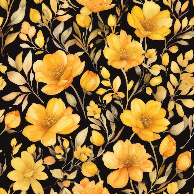 Watercolor yellow flowers textured seamless pattern 5