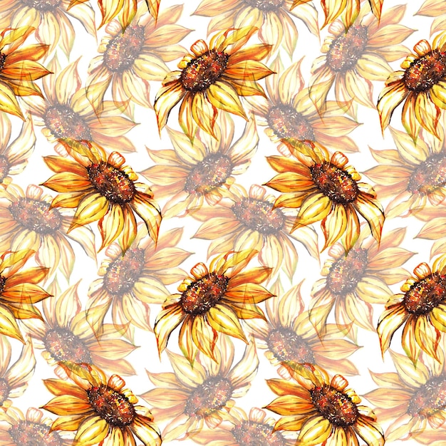 Watercolor yellow sunflower flower seamless pattern background