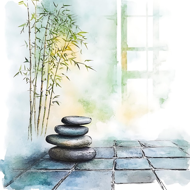 Photo watercolor zen garden with stacked stones and bamboo