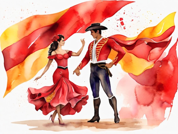 Photo watercolorstyle spanish flag with a flamenco dancer and a bullfighter