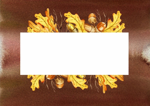 Watercolour autumn background with leaves of oak brunches and acorn hand drawn illustration