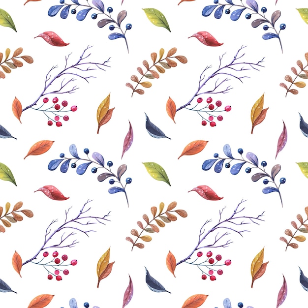 Watercolour autumn seamless pattern with colorful leaves on white background