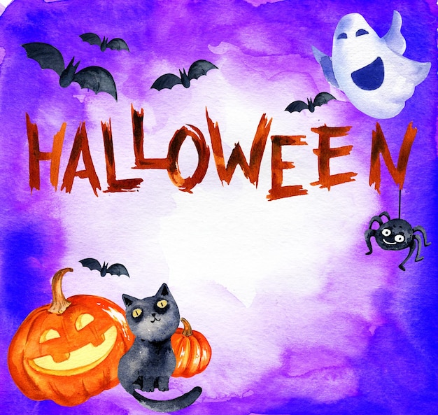 Watercolour background of halloween theme with bats spider cat ghost pumpkin hand drawn sketch