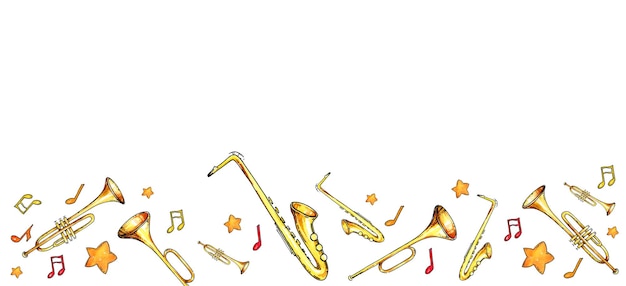 Watercolour border with trumpet saxophone notes stars on white background Watercolor illustration Hand draw sketch