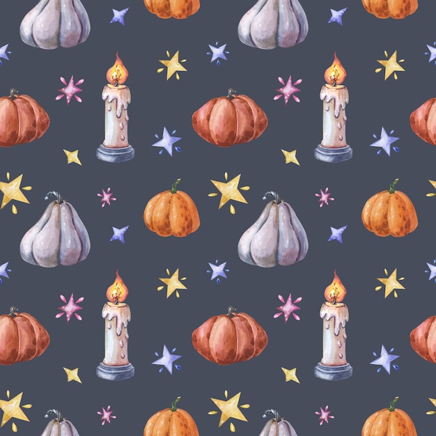 Watercolour candle pumpkins and stars on a dark background Watercolor