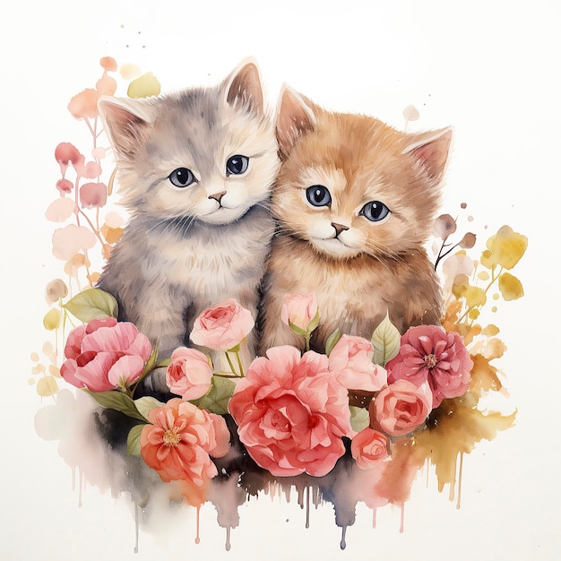 Watercolour Cute Two Cats in Love with Peonies