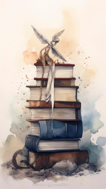 Watercolour illustration of books with a feather on top Generative ai