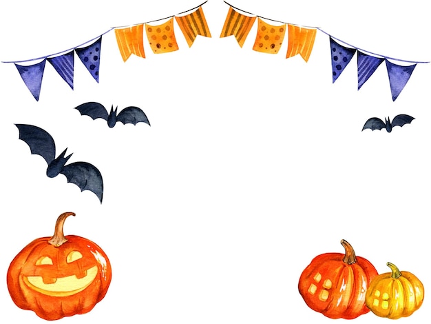 Watercolour illustration of halloween theme with bat pumpkin and others border space for text