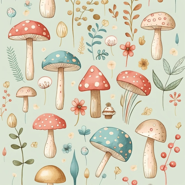 Watercolour mushroom with leaves autumn background seamless pattern