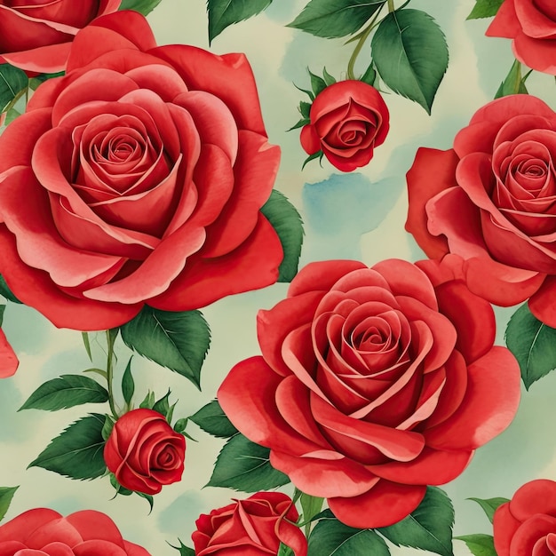 watercolour painted red roses pattern generative ai