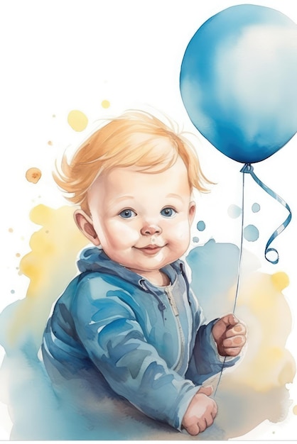 A watercolour painting of a baby with balloons