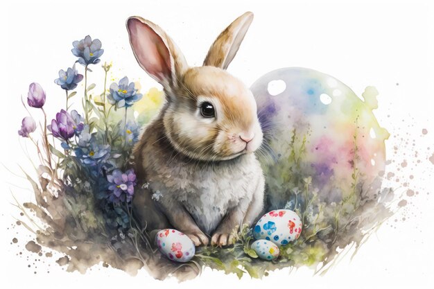 Watercolour painting of a cute baby bunny with flowers and easter eggs on white background