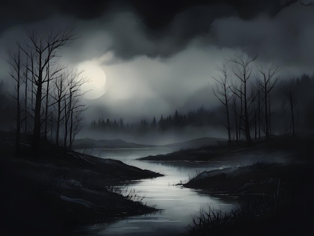 Photo watercolour painting of nature in contemporer noir style