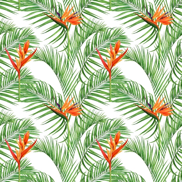 Watercolour painting palm leaves seamless pattern with flowers background