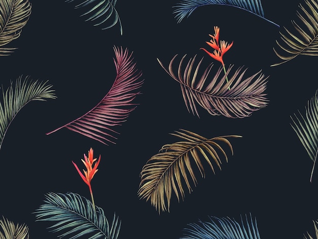 Watercolour painting palm leaves seamless pattern with flowers background