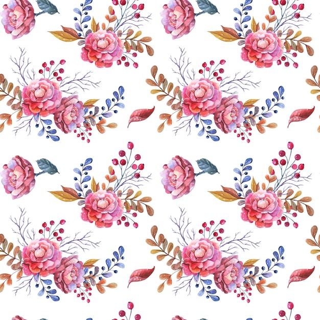 Watercolour pink rose pattern on white background Floral seamless pattern