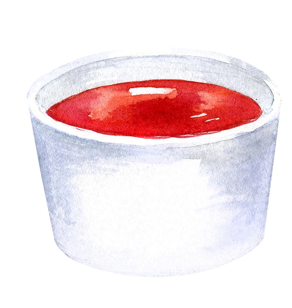 Watercolour red sause in white bowl hand drawn sketch of ketchup food illustration on white back