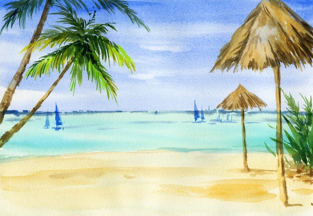 Watercolour seascape beach with umbrellas and palms sails and yachts on the horizon hand darwn