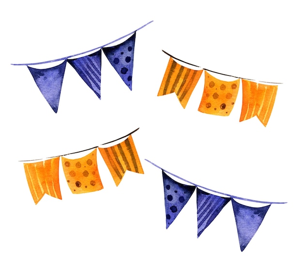 Watercolour set of different flags hand drawn illustration with garland of flags orange and purple