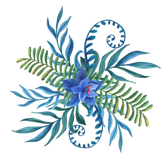 Watercolour tropic blue flower and green leaves Watercolor floral arrangement