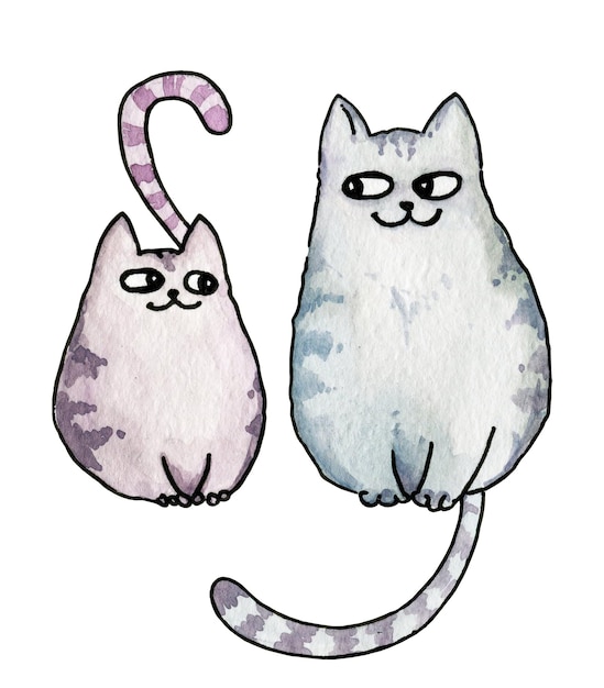 Watercolour two funny kitty hand draw illustration cute striped cats on white background