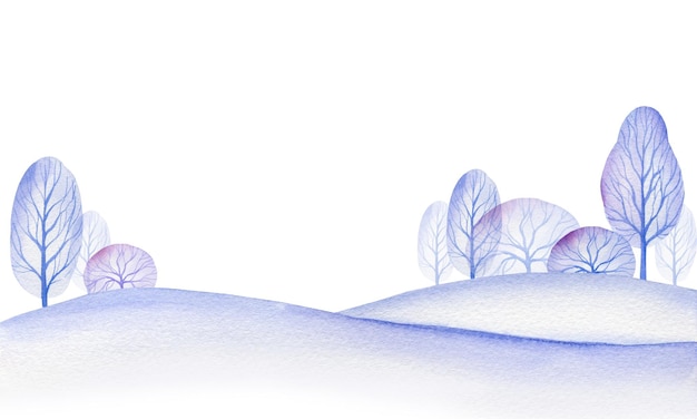 Watercolour winter landscape snowdrifts bushes and trees christmas theme hand drawn sketch