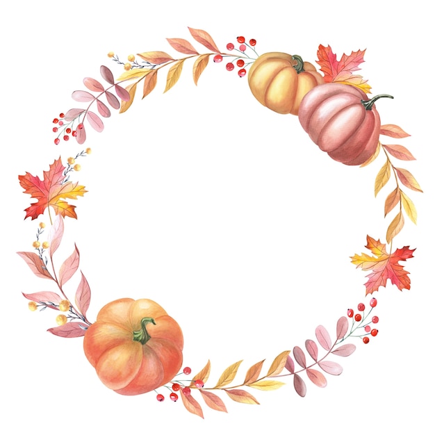 Watercolour wreath with pumpkin, leaves,red berry on white background. Frame with Autumn arrangement. Illustration for Thanksgiving Holiday. Fresh harvest. Isolated hand drawn sketch.