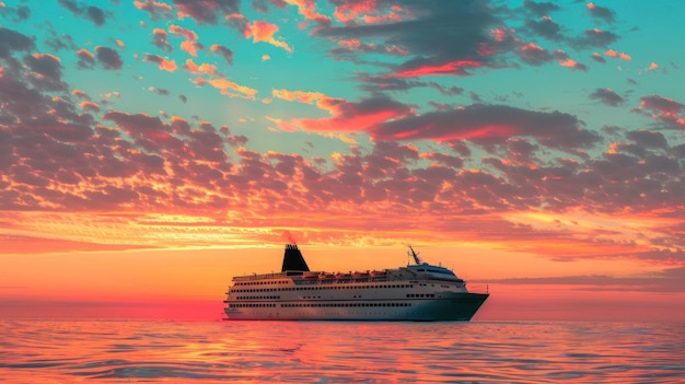 Photo a watercraft cruises through the afterglow on the ocean at sunset