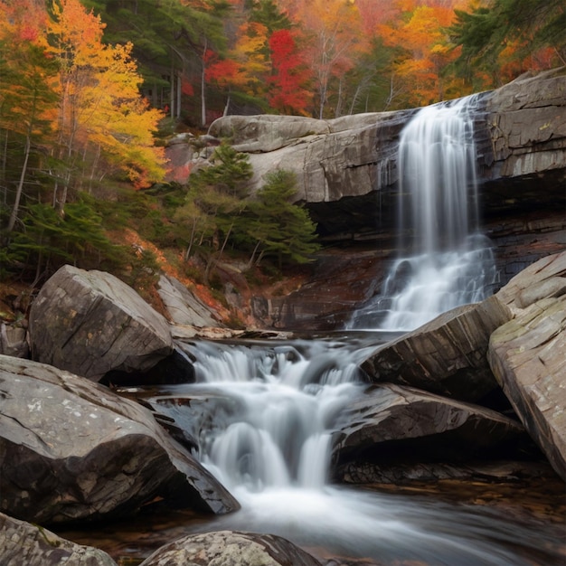 Waterfall adorned with autumn leaves