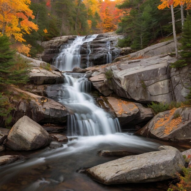 Waterfall adorned with autumn leaves