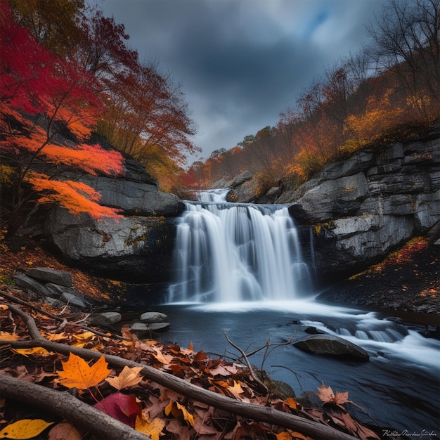 Waterfall adorned with autumn leaves