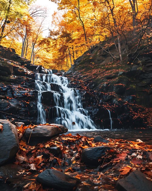 Waterfall Amidst a Large Amount of Fall Leaves