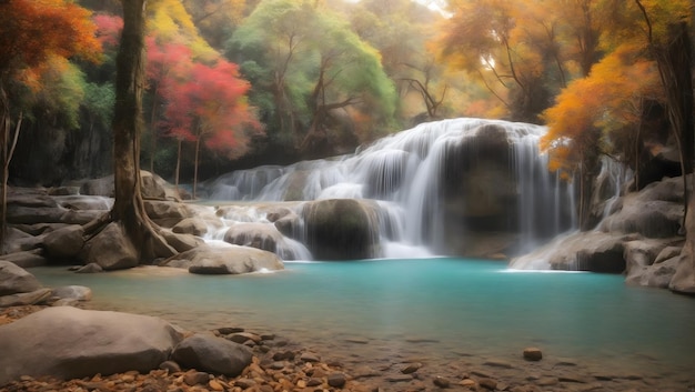 Waterfall in autumn forest at Erawan waterfall National Park Thailand