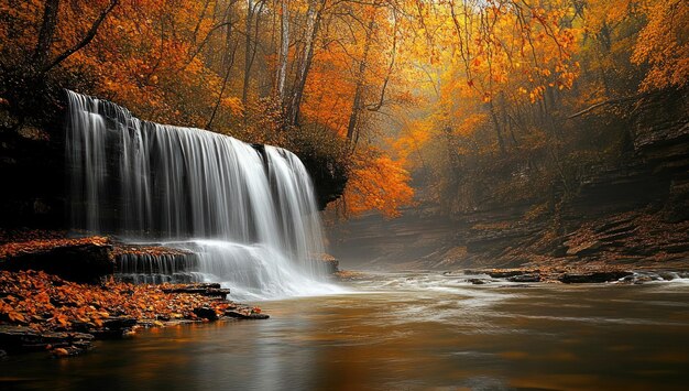 Waterfall in Autumn Forest